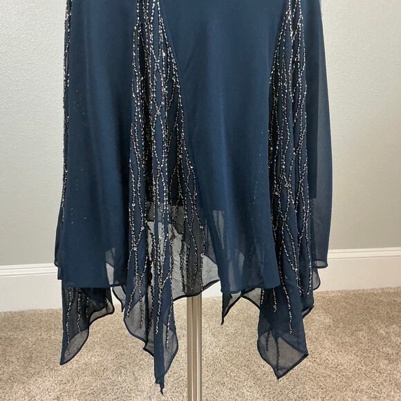 JKara Beaded Chiffon Short Sleeve Fit and Flare Midi Cocktail Dress Blue Size 6 - Picture 9 of 12